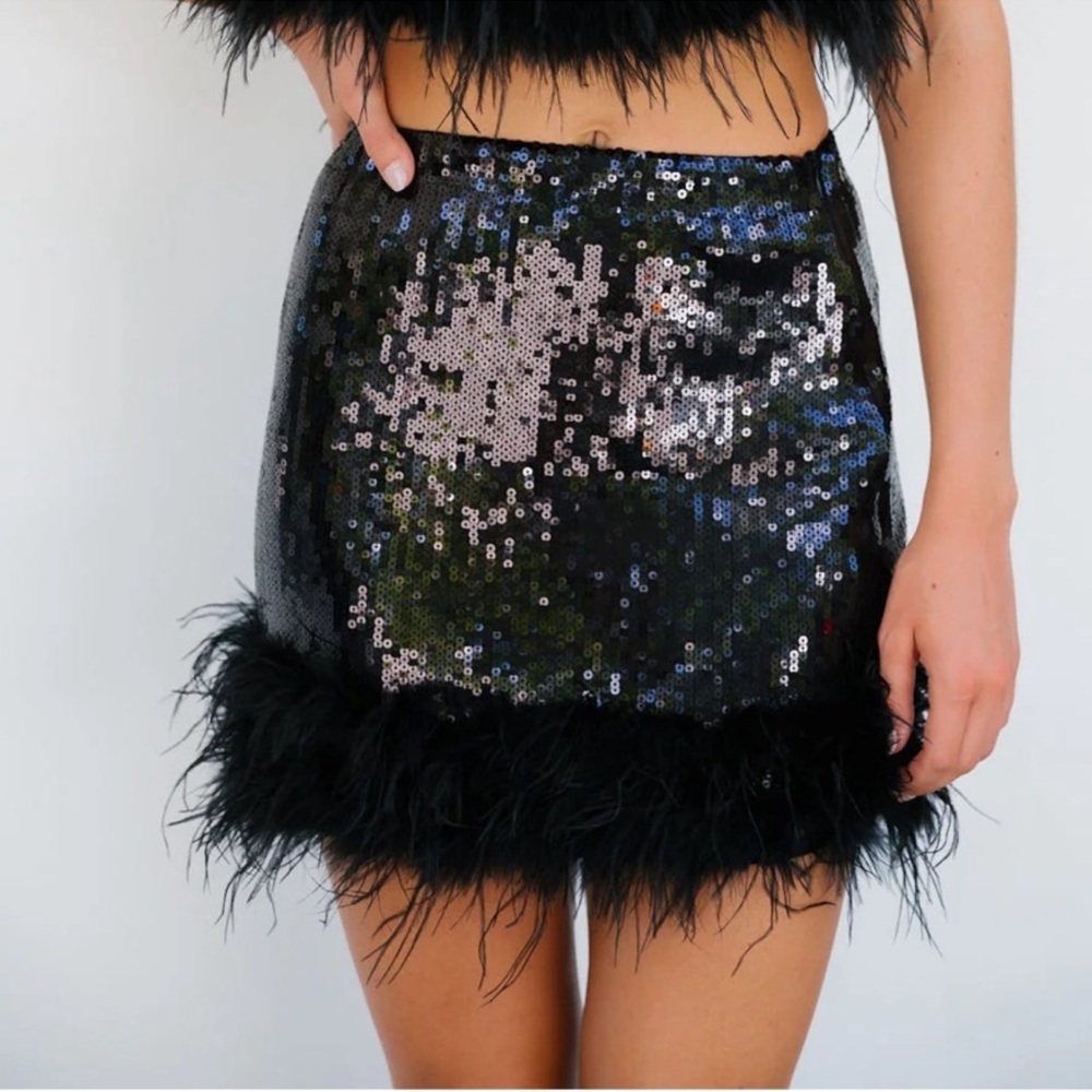12th Tribe Black Sequin Mini Skirt with Feather Trim NWT